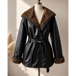 Wilsons Leather Hooded  Black Parka Plush Leopard Print Faux Fur Lined Belted L